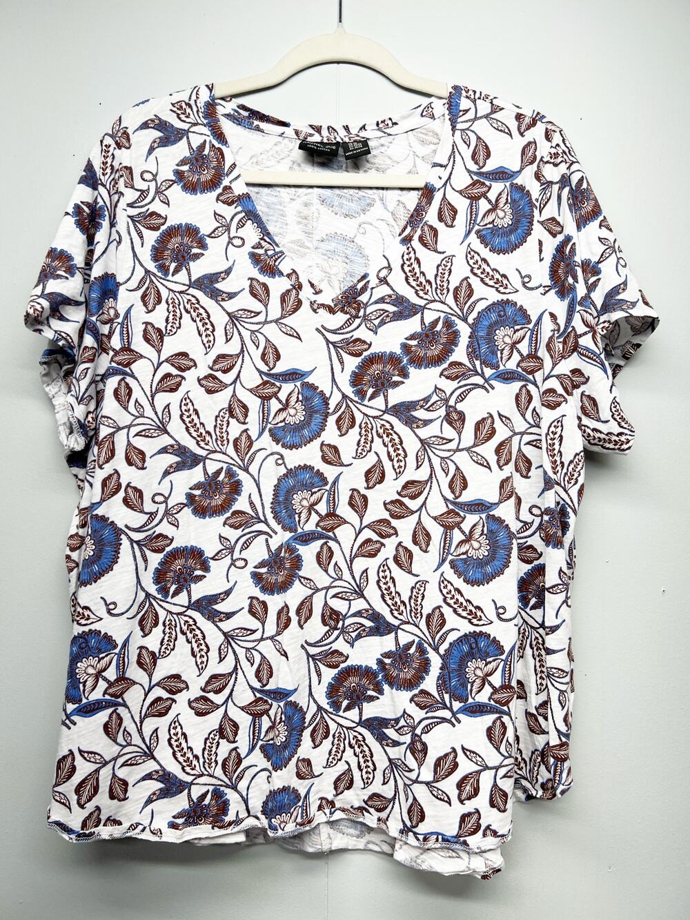Rachel Zoe Dark Floral V-Neck Short Sleeve Top Womens 3X Casual 100% Cotton